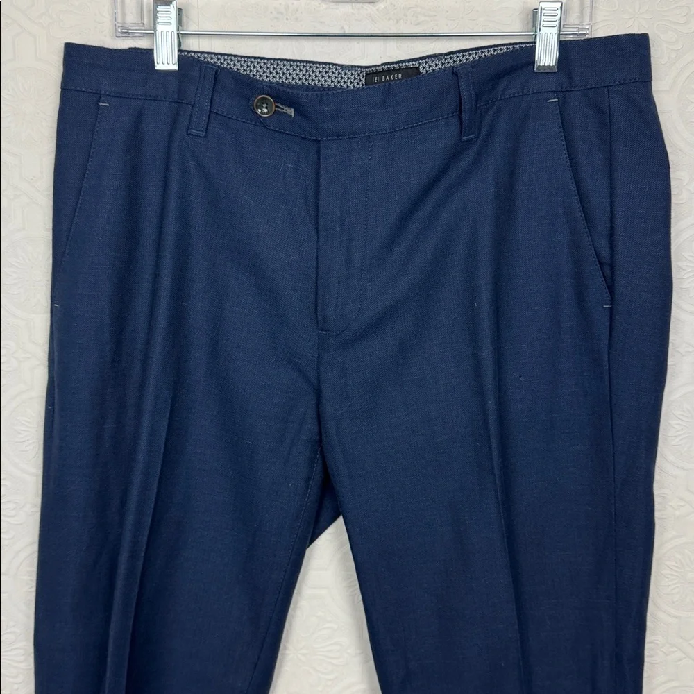 Ted Baker Navy Blue Dress Pants Men’s 34R Tailored Slim Fit Linen Blend Trousers